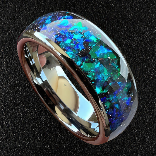 Blue Green Opal Chip Silver Tungsten Ring
