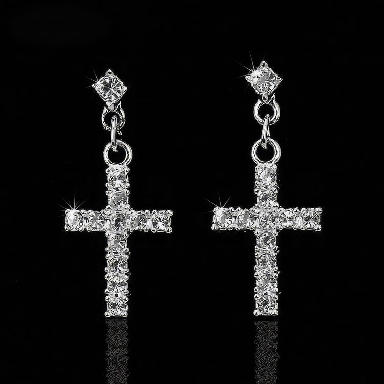 Men's Silver Steel Crystal Cross Earrings