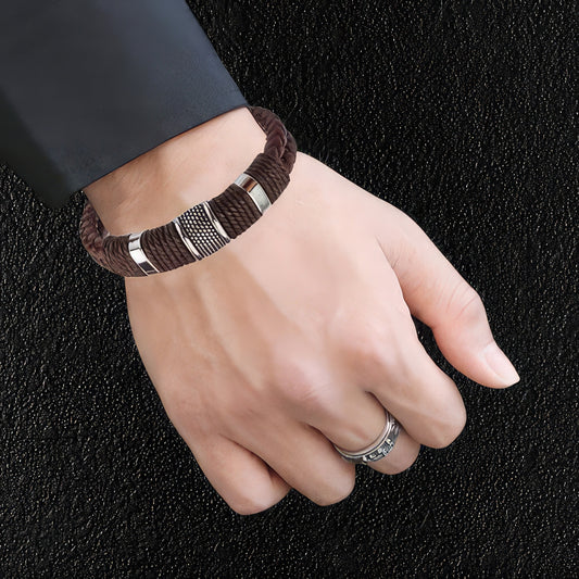 Men's Steel Banded Leather Bracelet