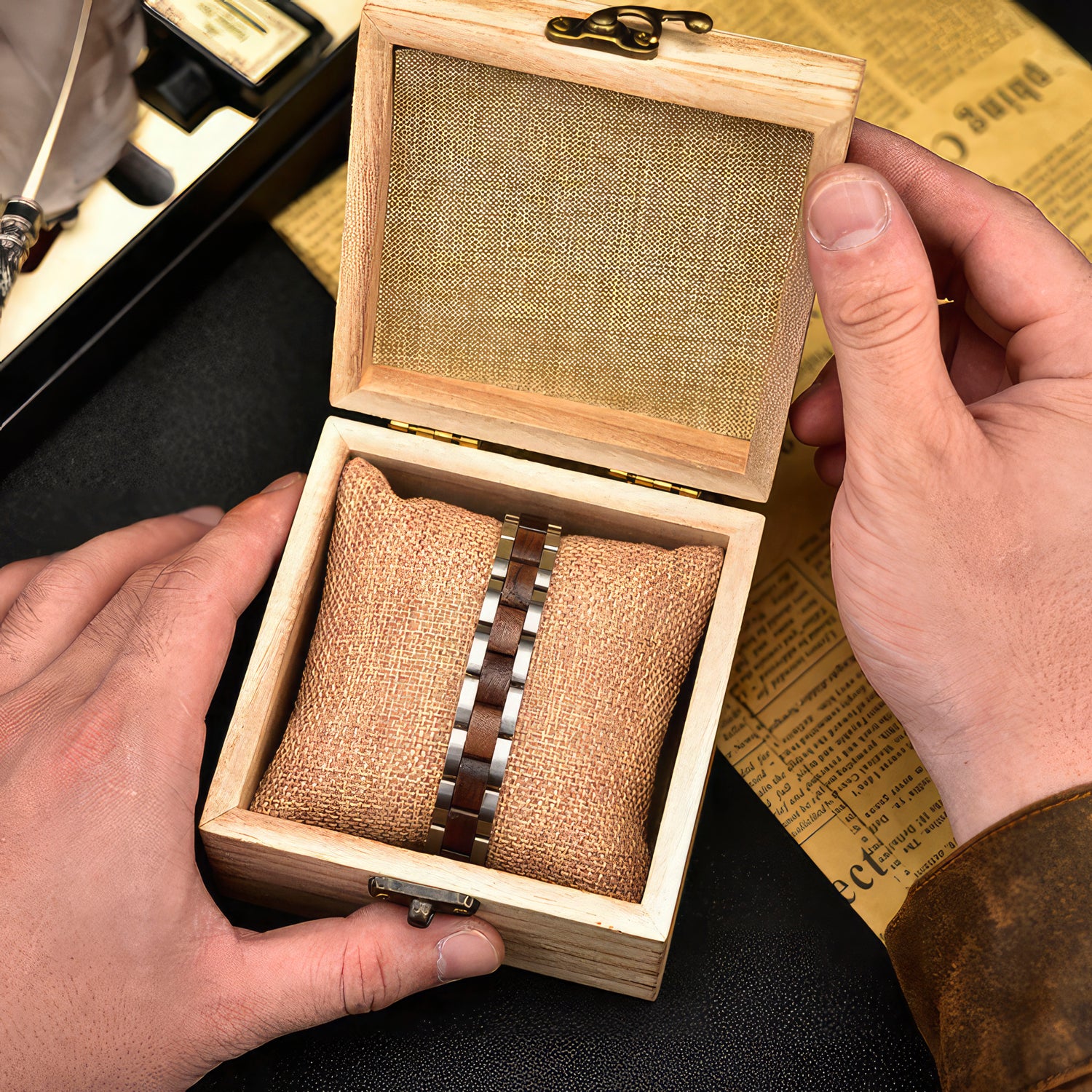 Steel & Wood Bracelet In A Gift Box