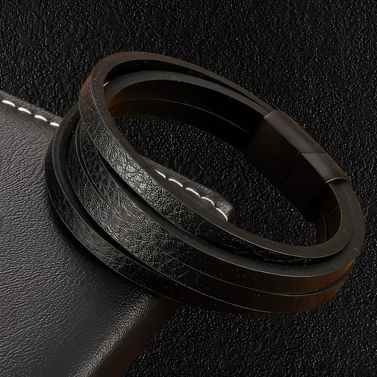 Thick Stranded Black Leather Bracelet