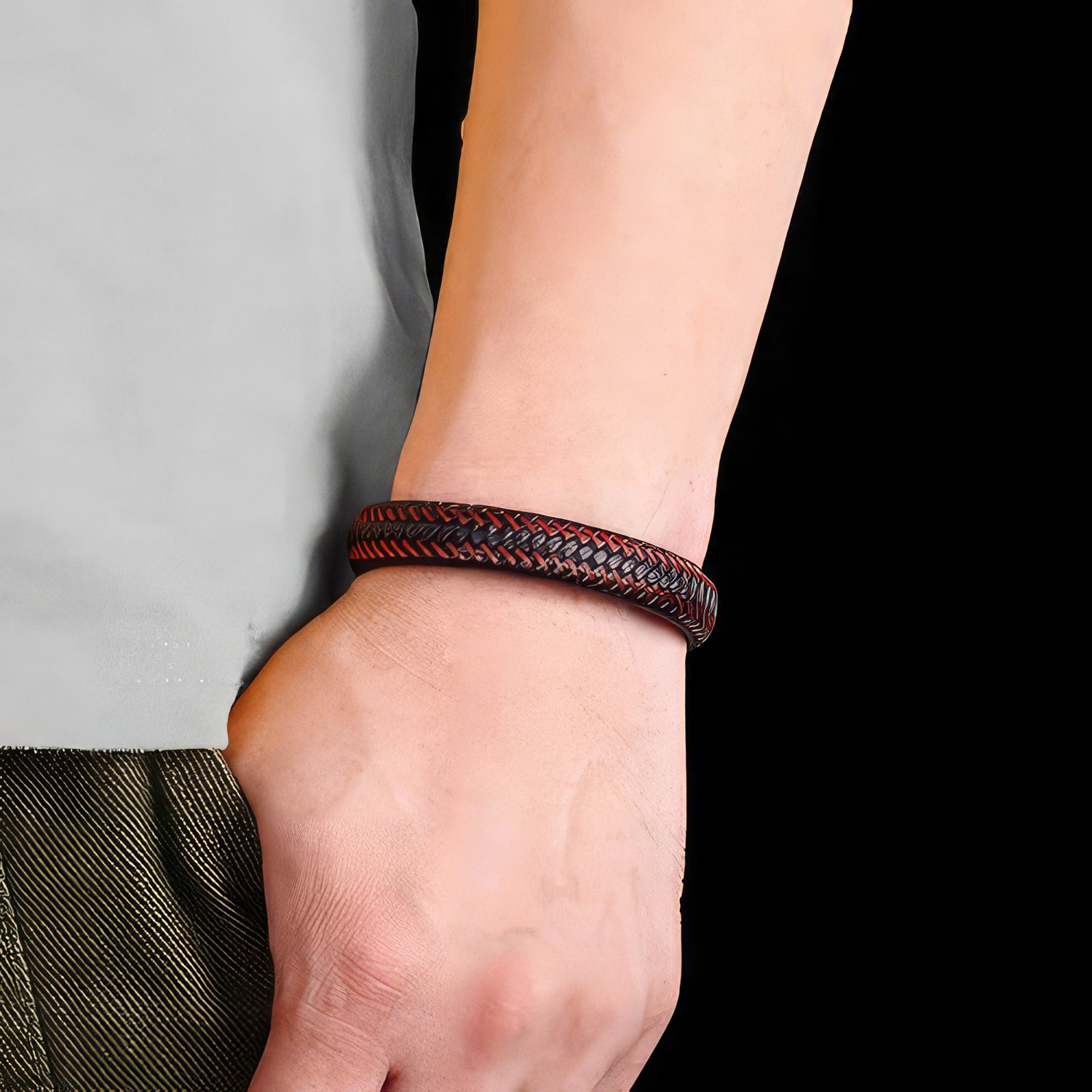 Men's Black & Red Leather Bracelet