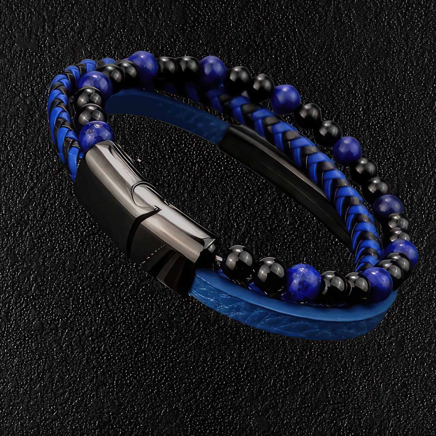 Chevron Genuine Leather & Bead Bracelet In Blue & Black
