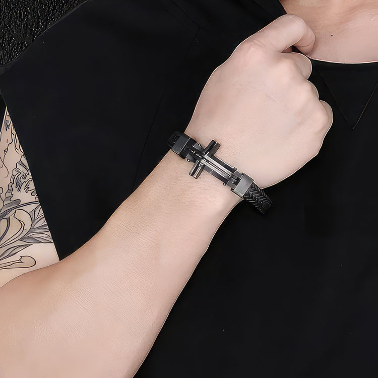 Men's Black Steel and Leather Bracelet