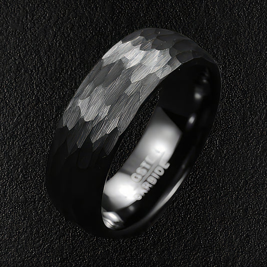 Hammered and brushed finish tungsten ring for men