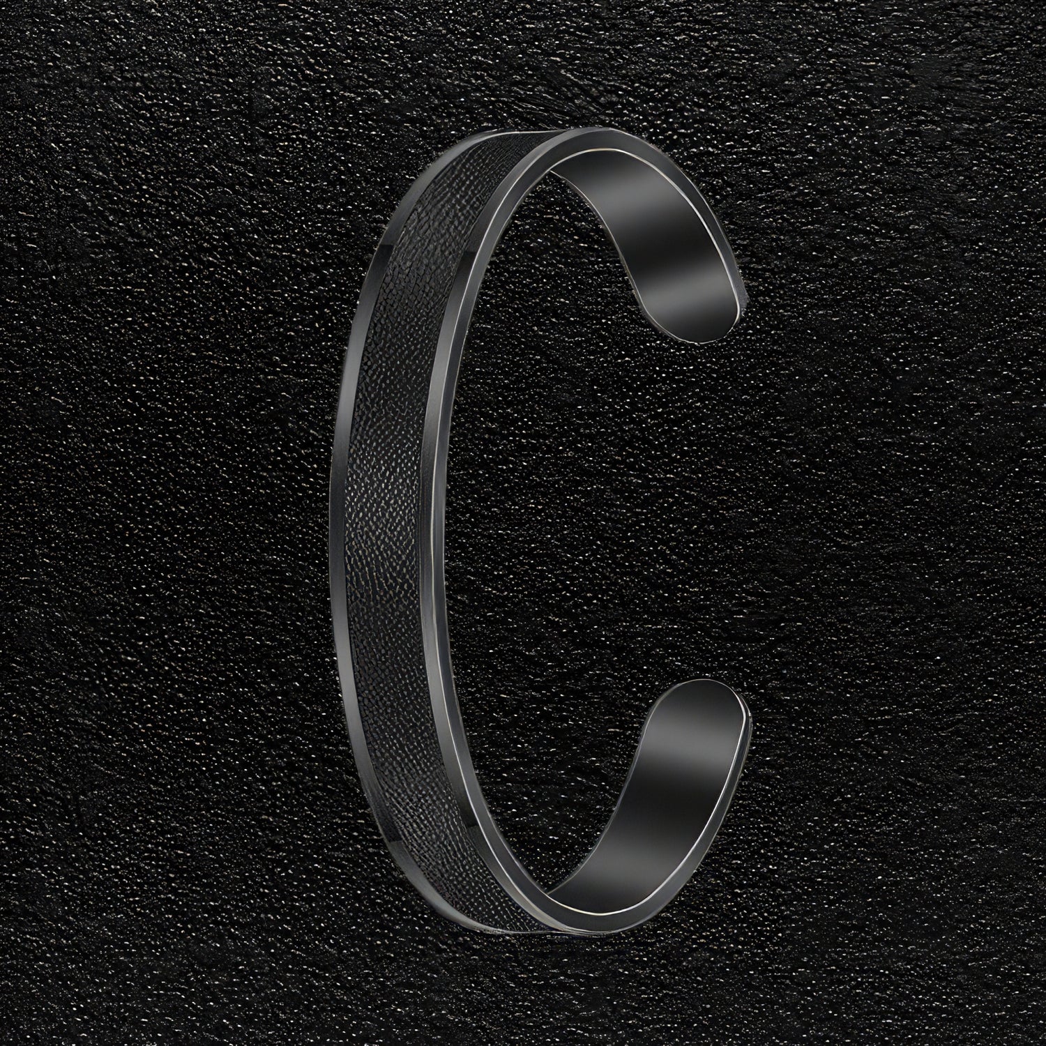 Leather Faced Black Stainless Steel Bangle