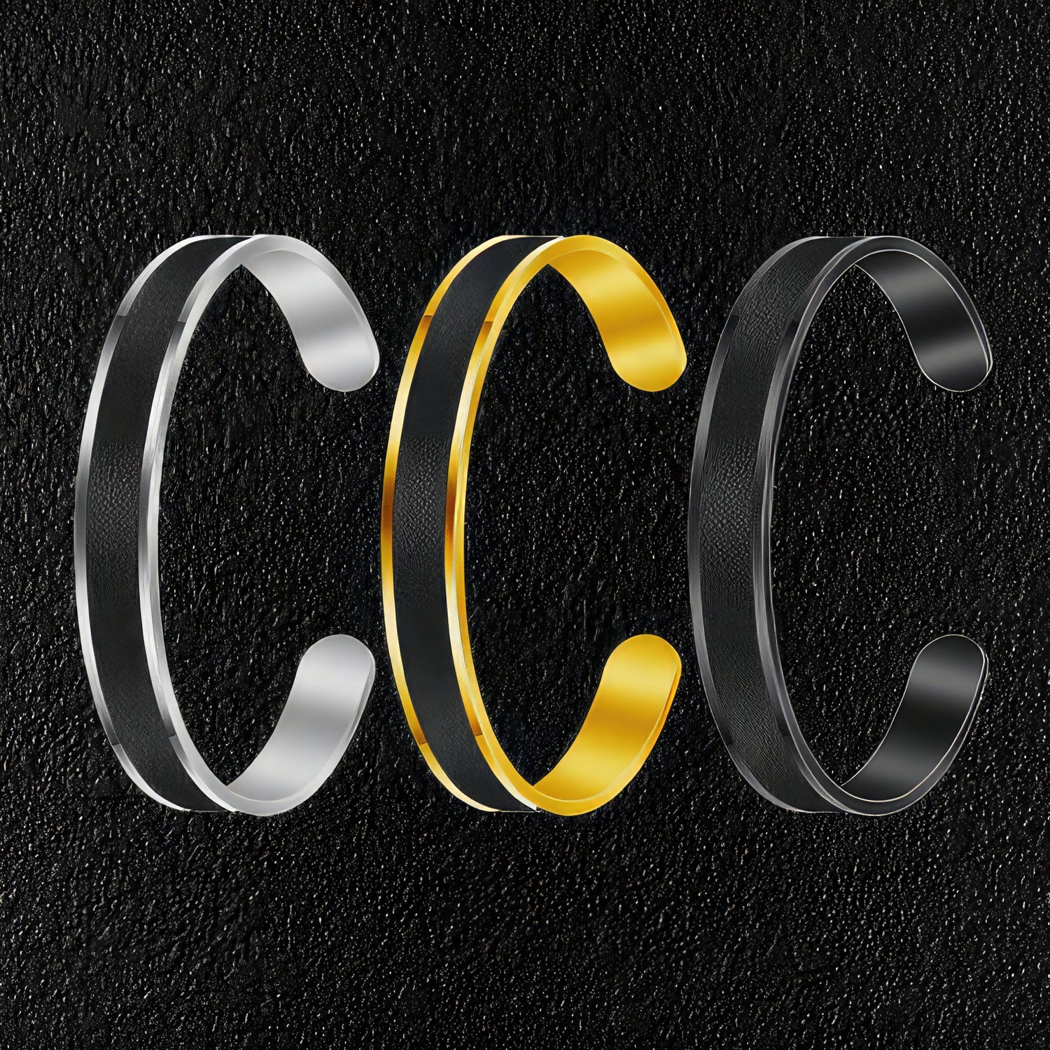 Set Of Leather Faced Stainless Steel Bangles