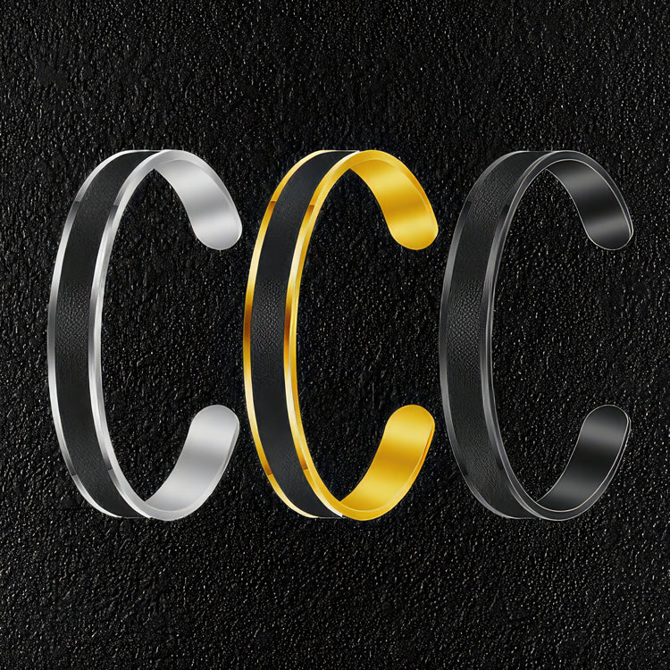 Set Of Leather Faced Stainless Steel Bangles