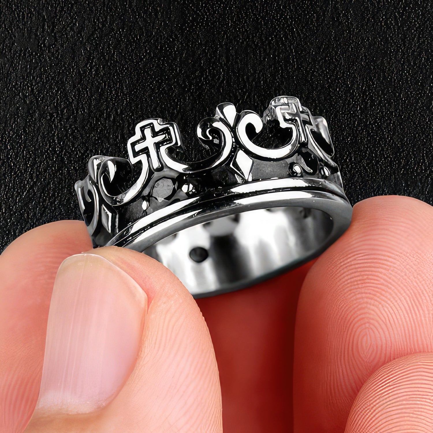 Silver & Black Royal Crown Ring