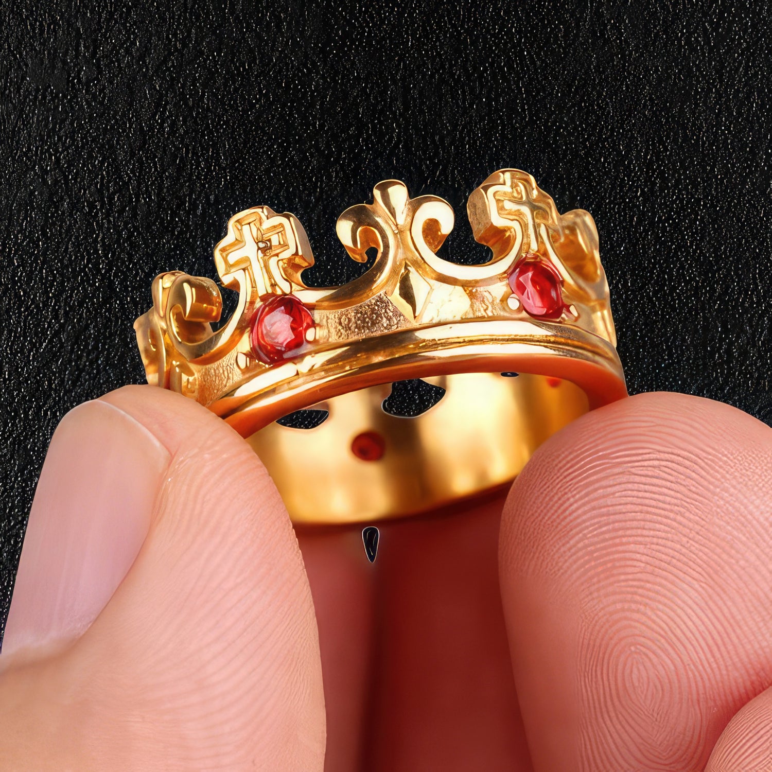 Red Jewelled Gold Royal Crown Ring