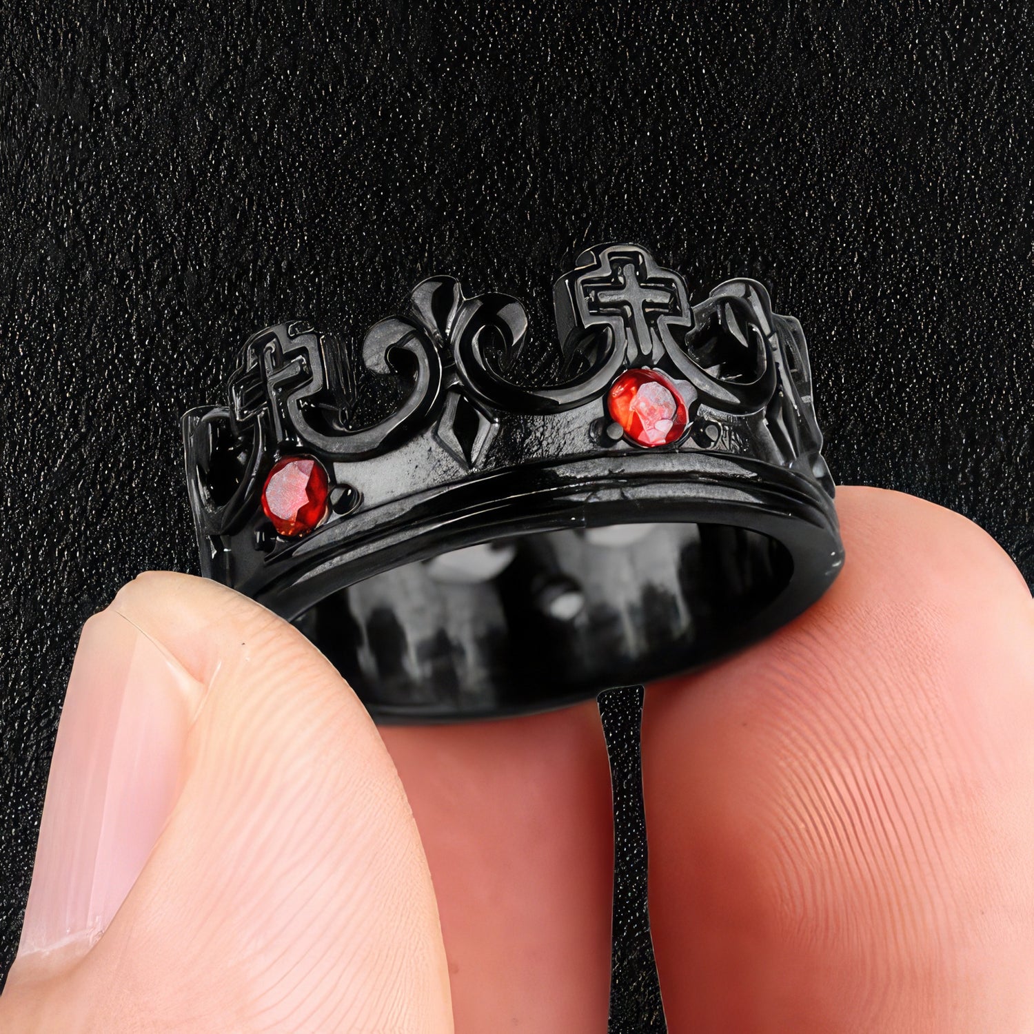 Red Jewel Black Royal Crown Ring