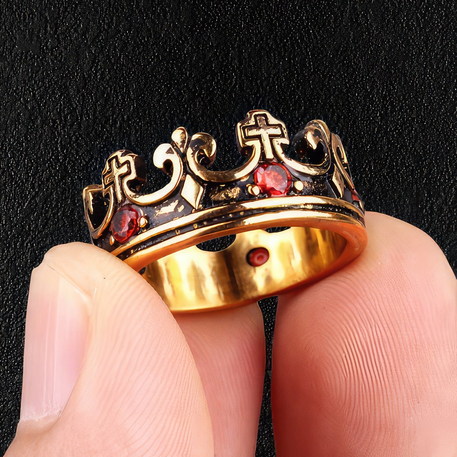 Red Jeweled Black & Gold Royal Crown Ring