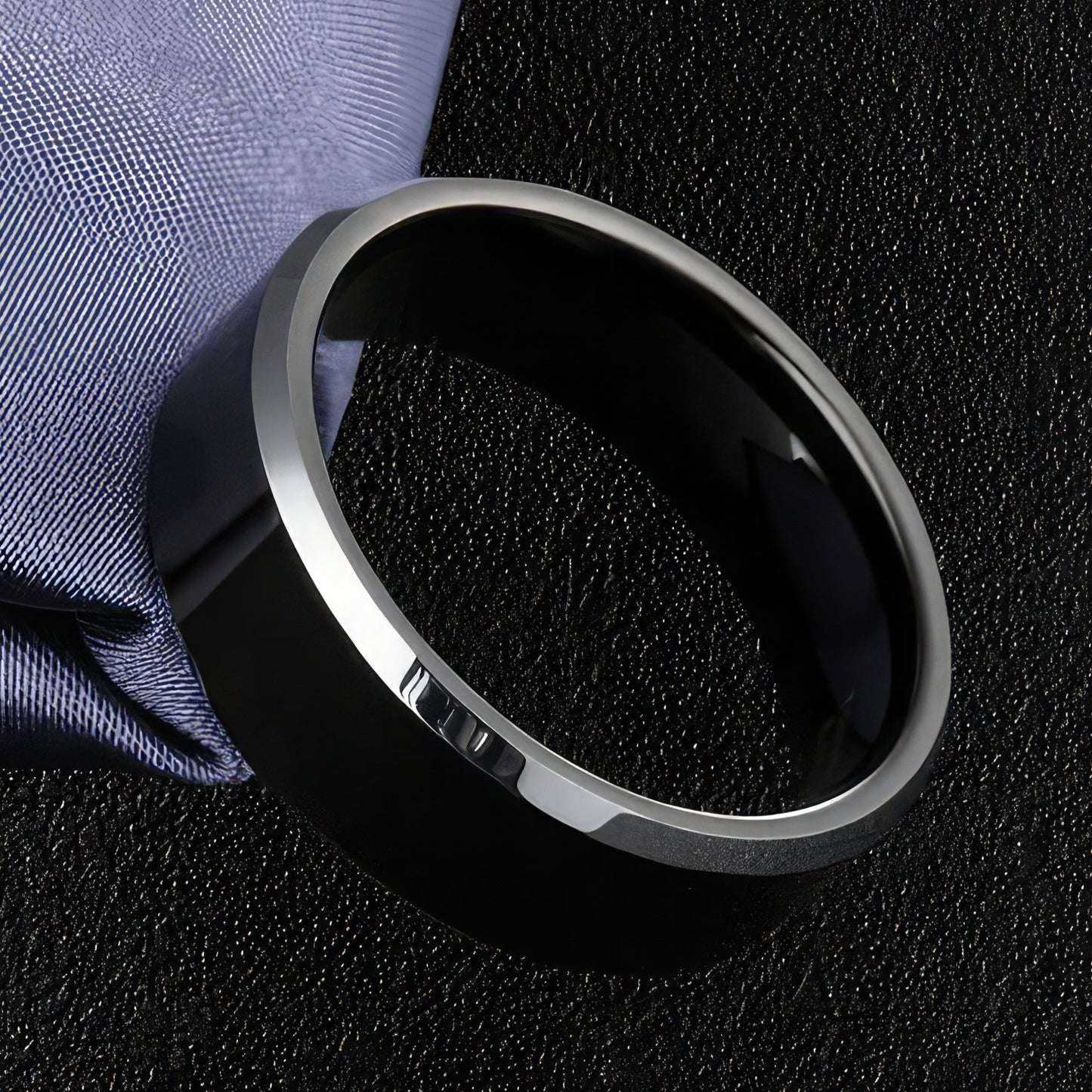 Shiny Black Tungsten Carbide Silver Edged Ring