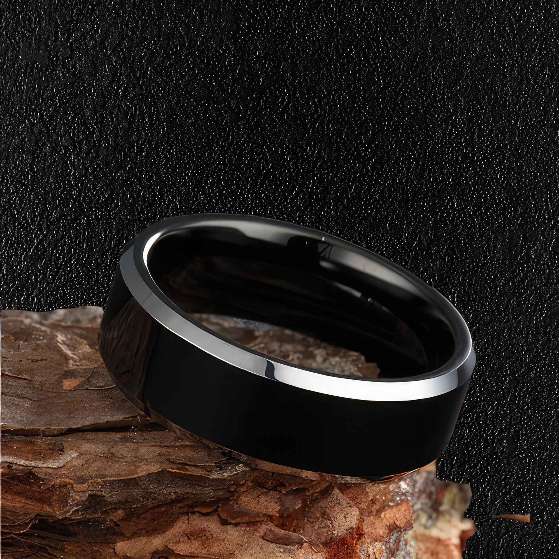 Shiny Black Silver Edged Wedding Ring