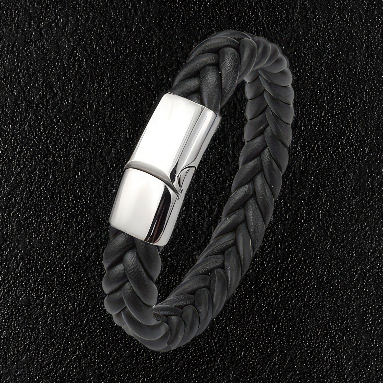 Black Thick Braided Leather Bracelet