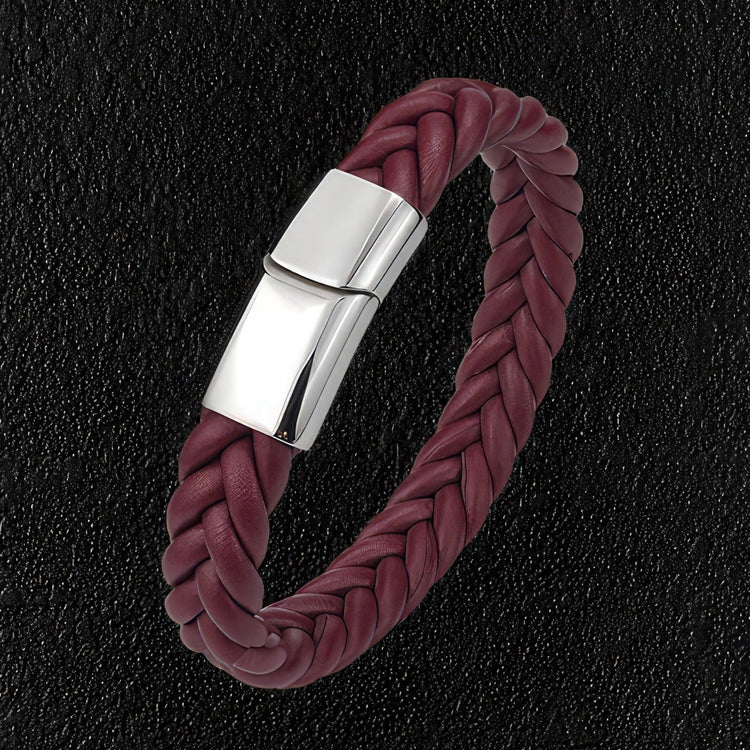 Maroon Thick Braided Leather Bracelet