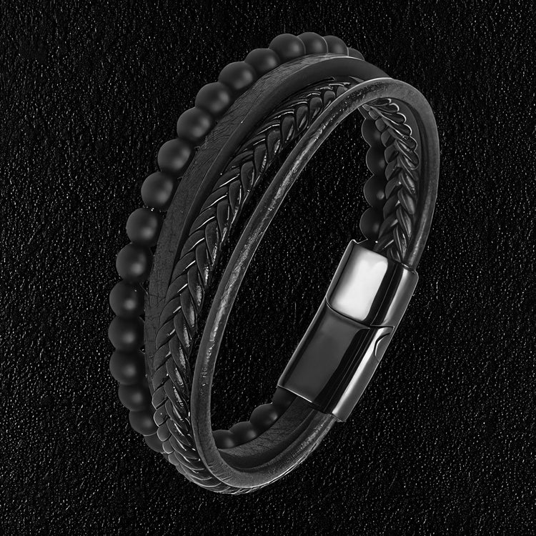 High Quality Black Leather & Bead Bracelet