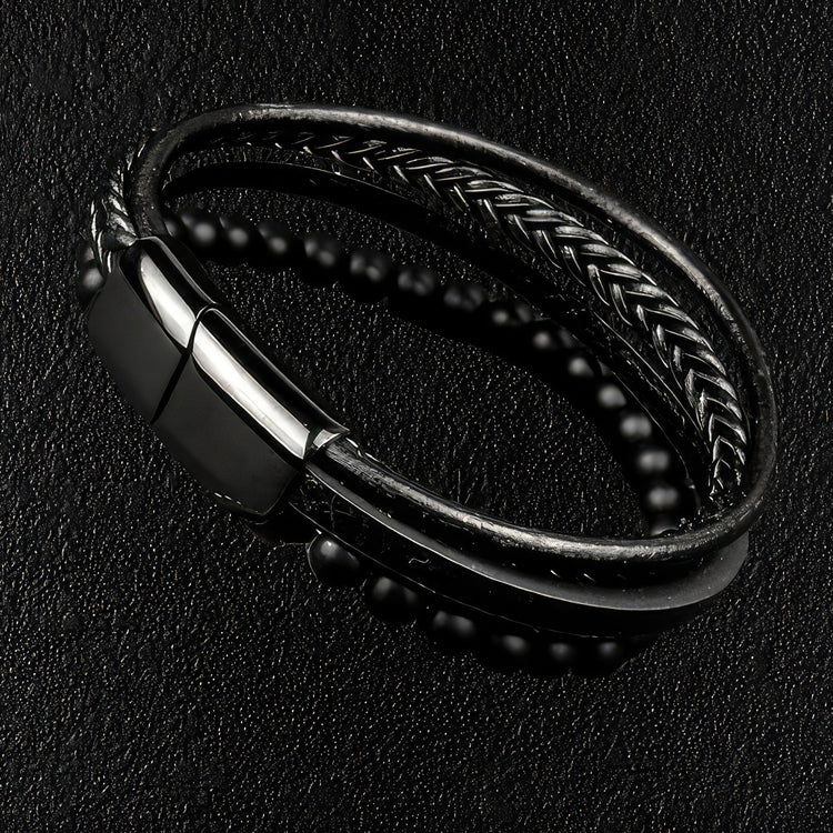 Men's Black Leather & Bead Bracelet
