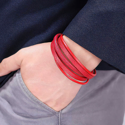 Men's Red Leather Stranded Bracelet