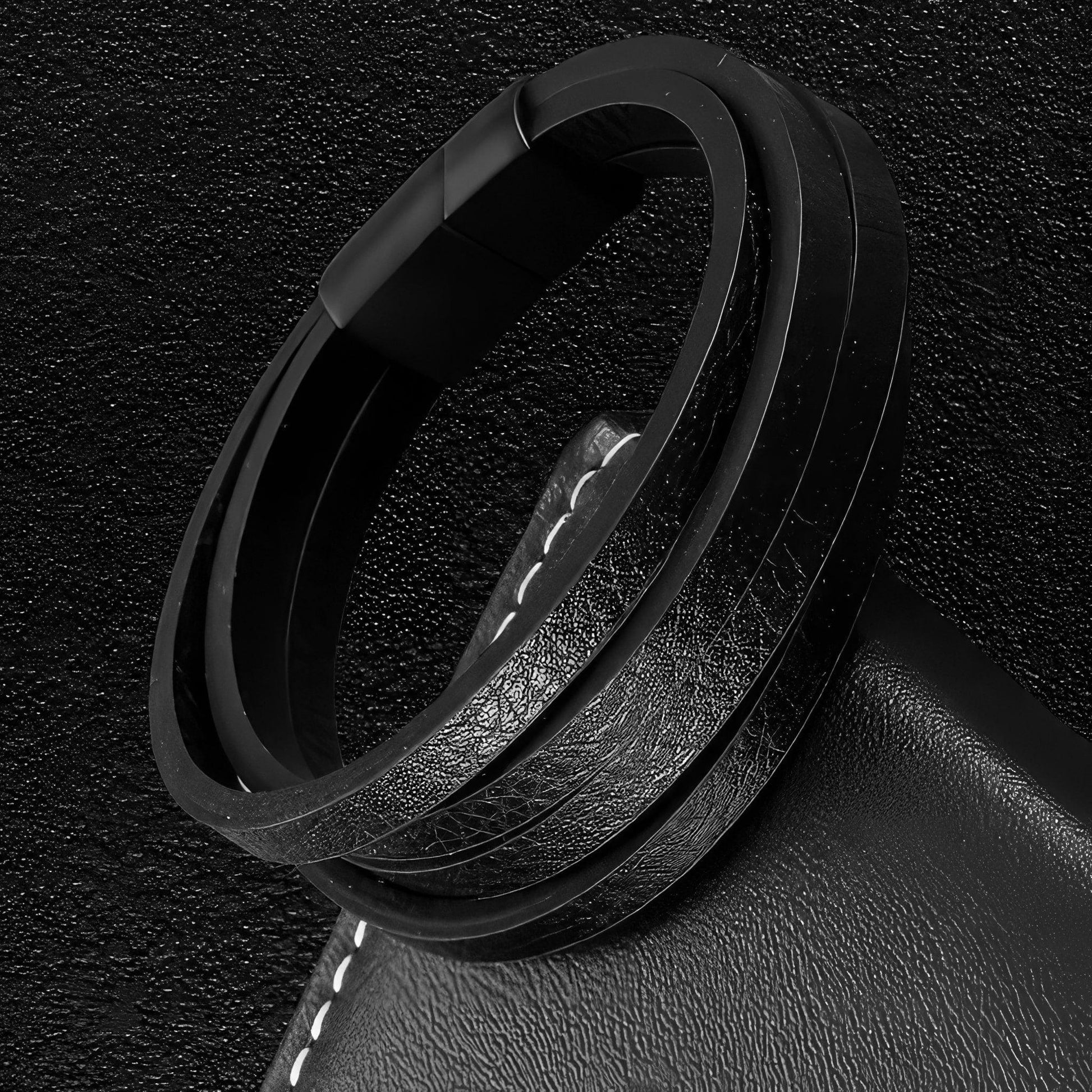 Thick Stranded Black Leather Bracelet
