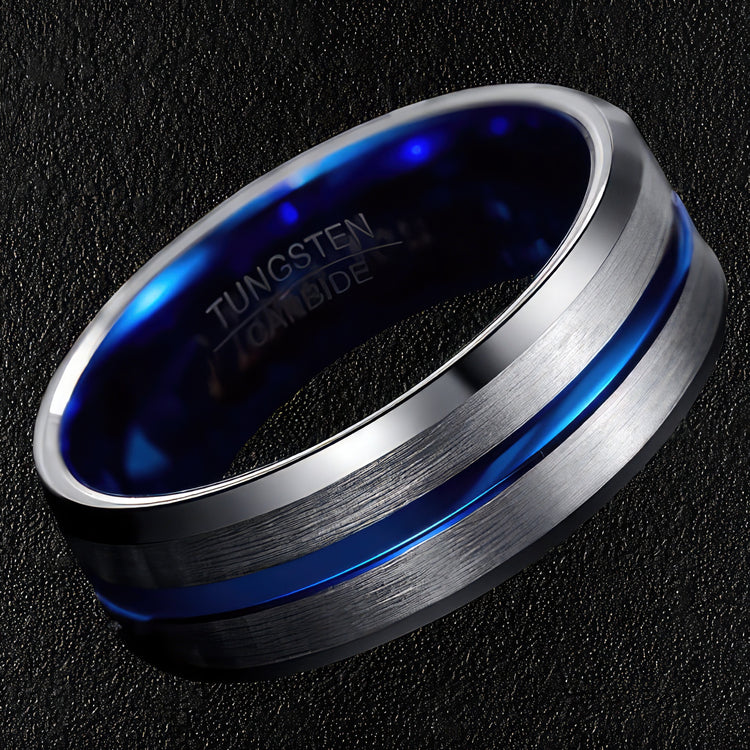 Blue & Silver Thin Line Tungsten Ring