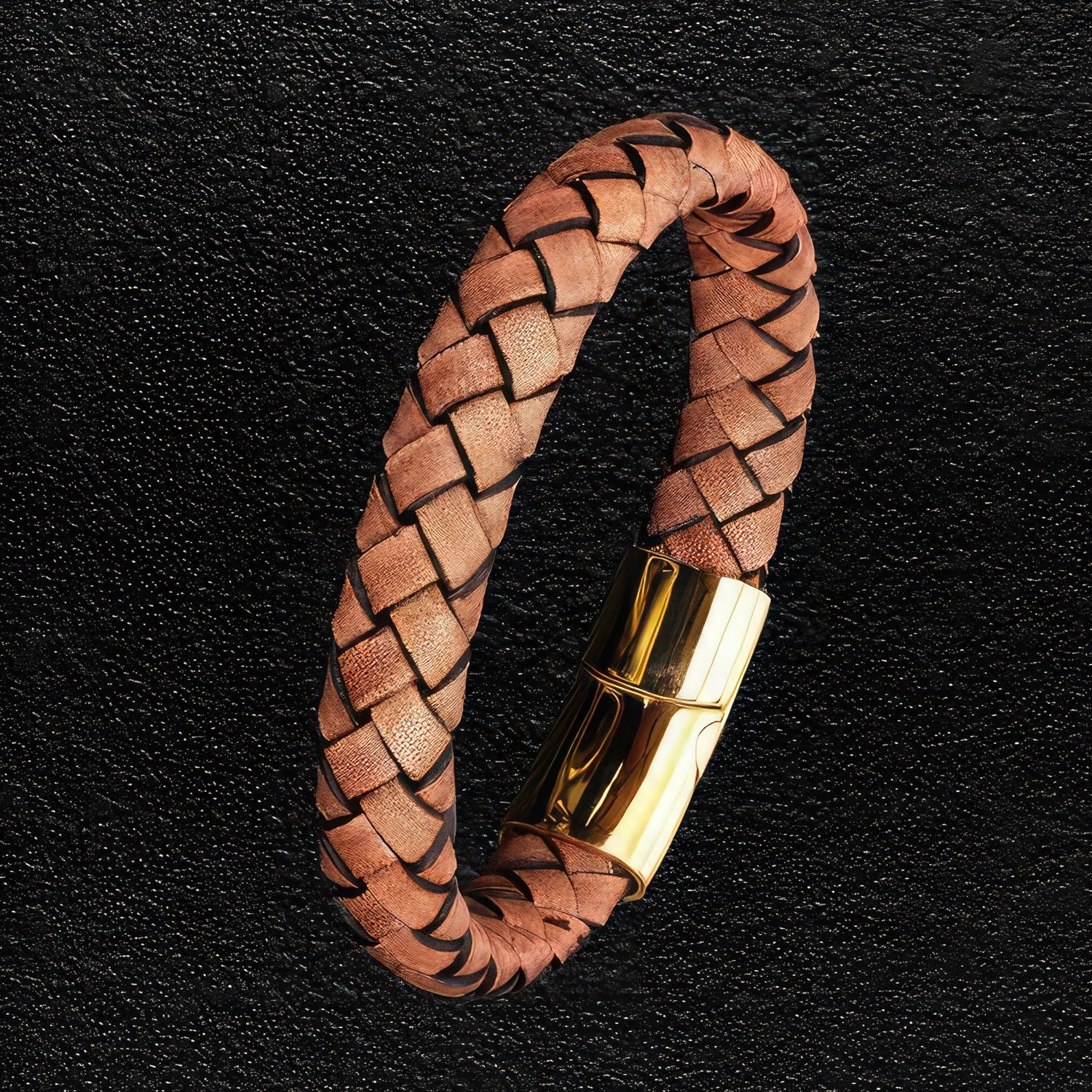 Black & Tan Leather Bracelet Gold Clasp