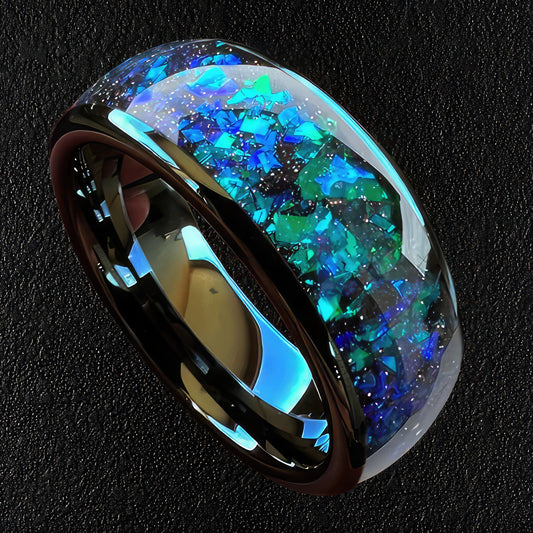 Blue Green Opal Chip Black Tungsten Ring