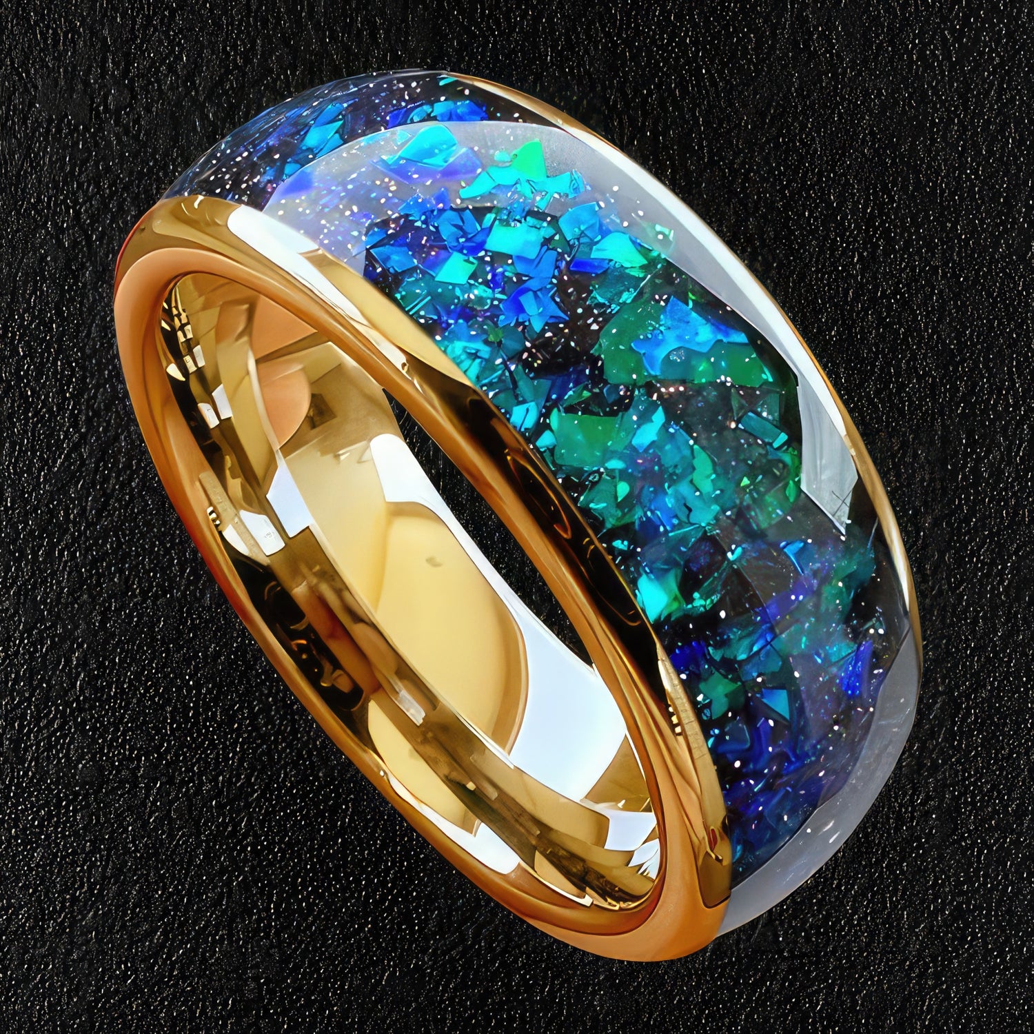 Blue Green Opal Chip Gold Tungsten Ring
