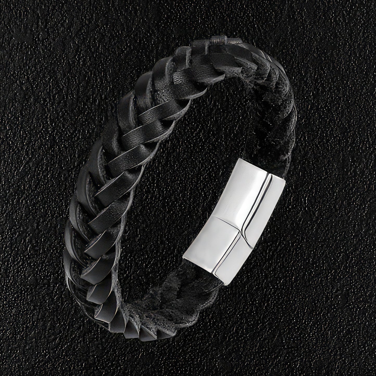 Braided Raw Black Leather Silver Clasp Bracelet