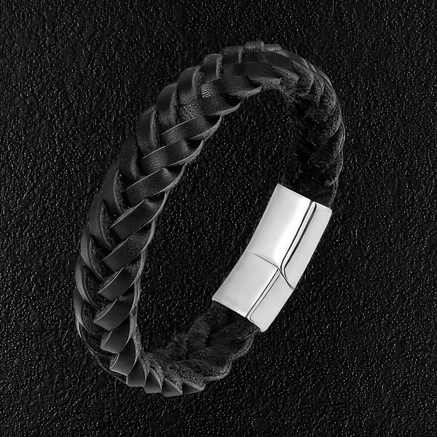 Braided Raw Black Leather Silver Clasp Bracelet