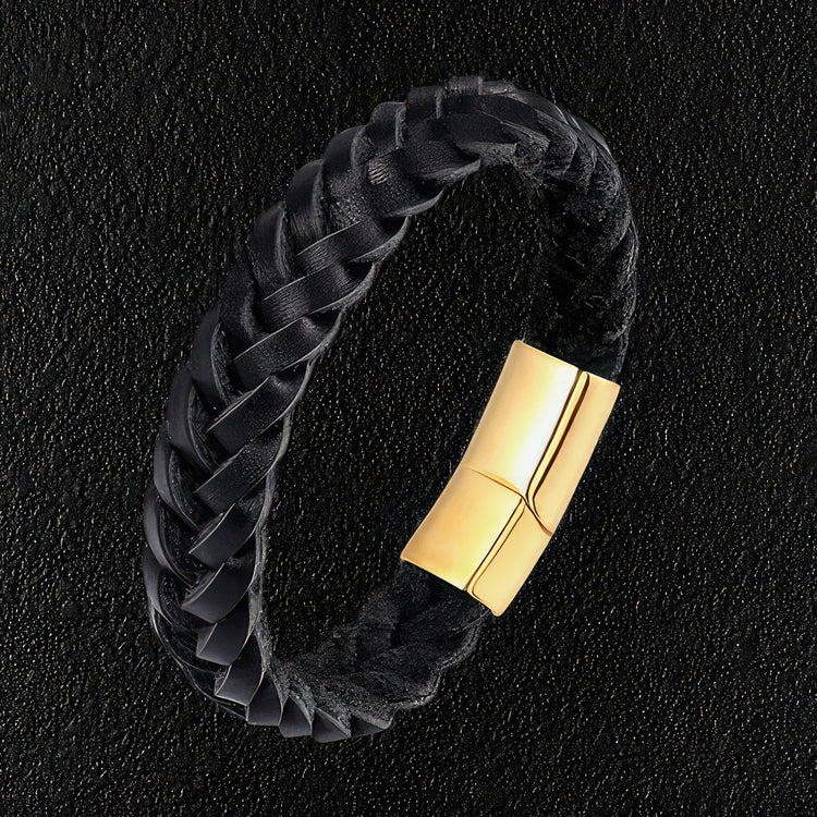 Braided Raw Black Leather Gold Clasp Bracelet
