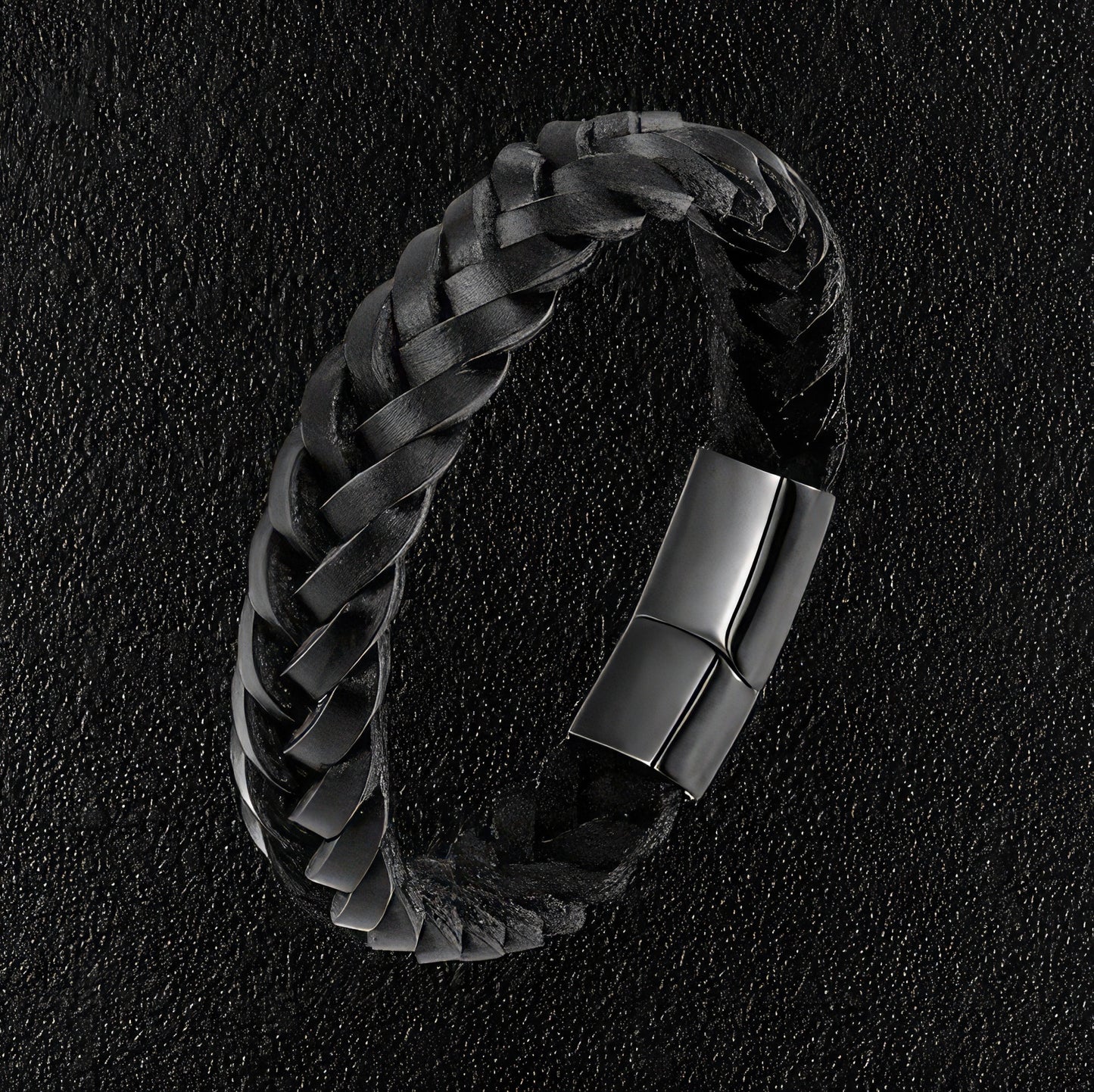 Braided Raw Black Leather Black Clasp Bracelet