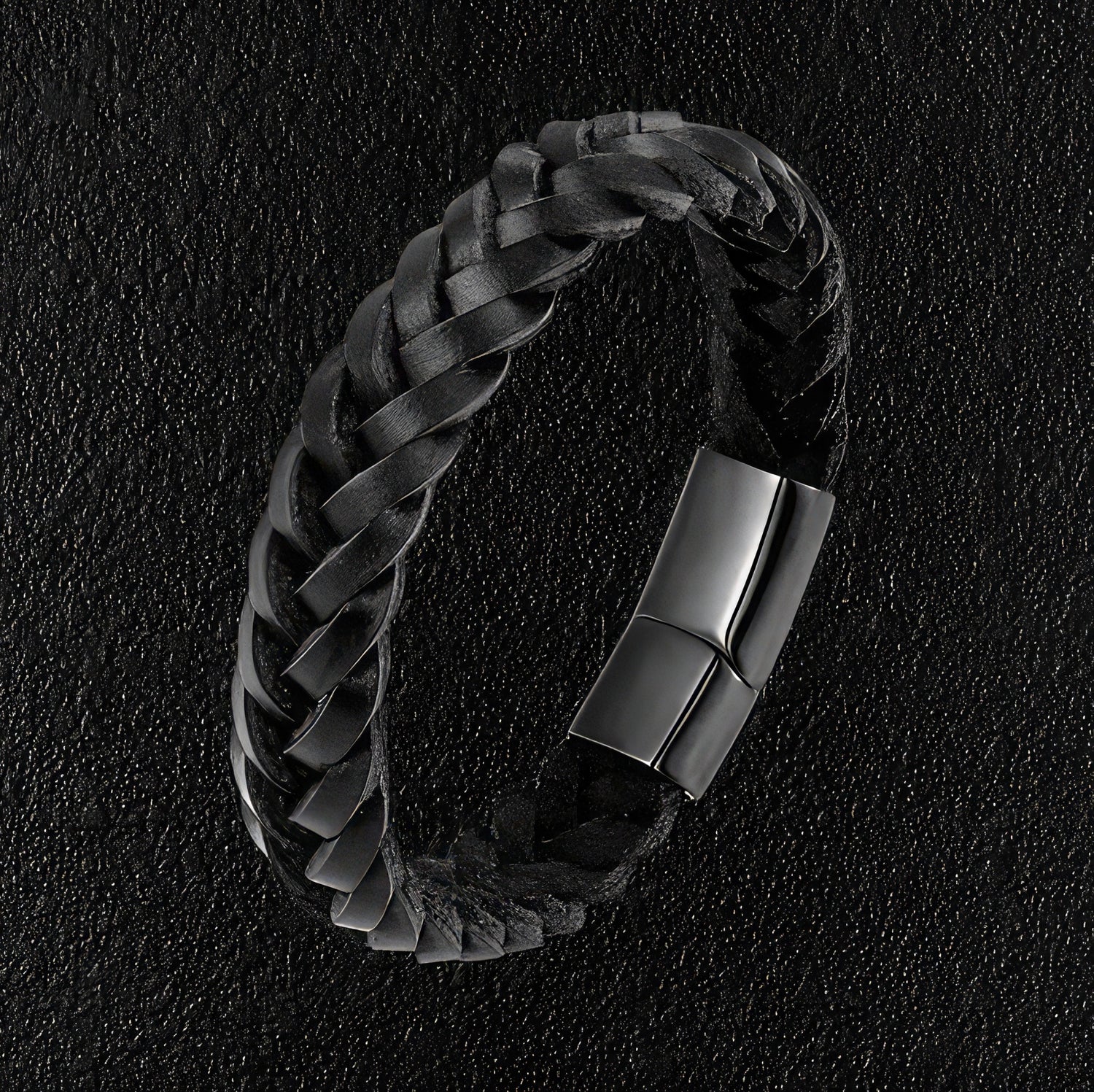 Braided Raw Black Leather Black Clasp Bracelet
