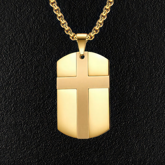 Gold Steel Cross Dog Tag Necklace