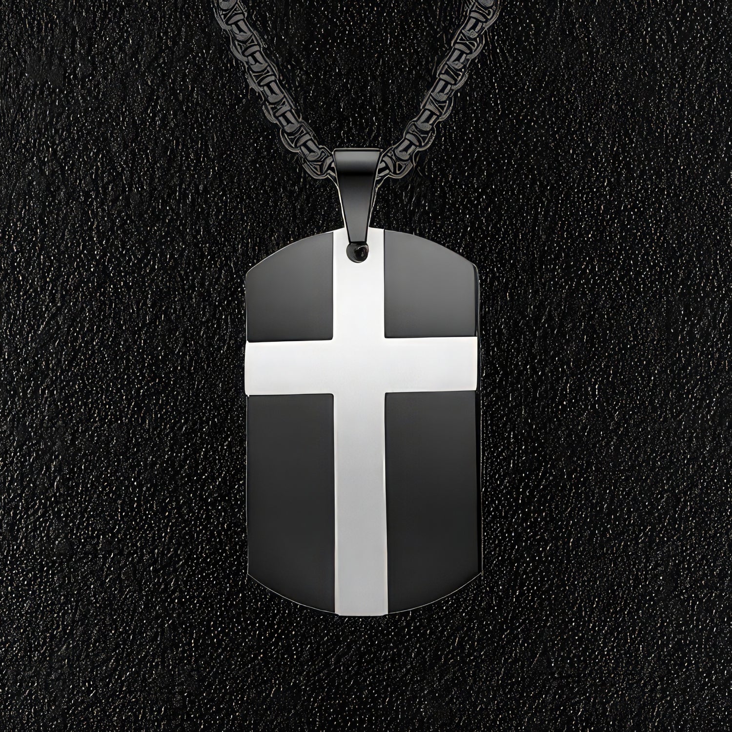 Black Steel Cross Dog Tag Necklace