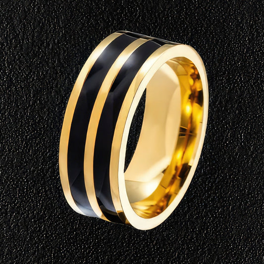 Men's Double Black & Gold Striped Ring