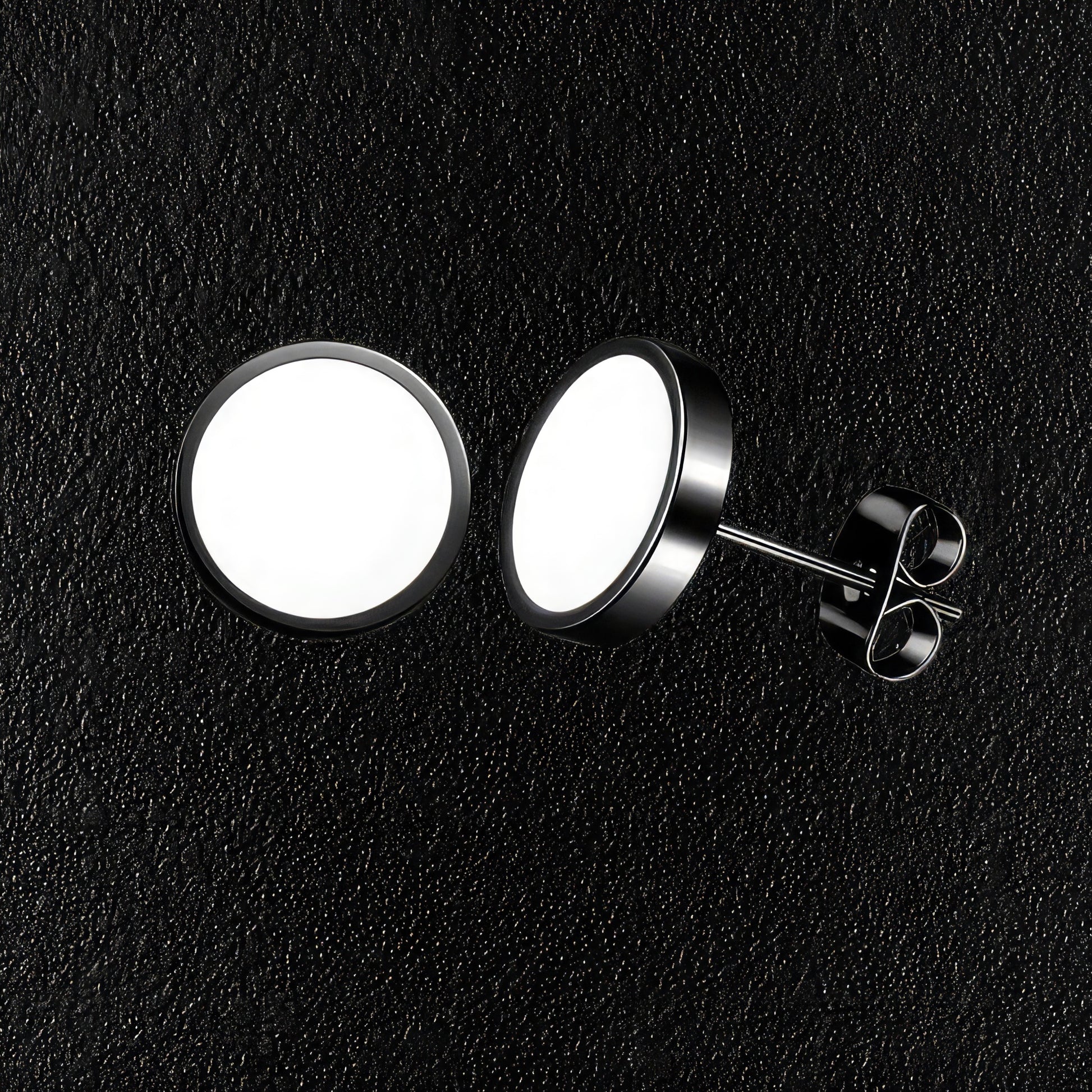 Men's Round Enamelled White Steel Stud Earrings