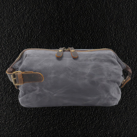 Gray Canvas & Leather Travel Toiletry Bag