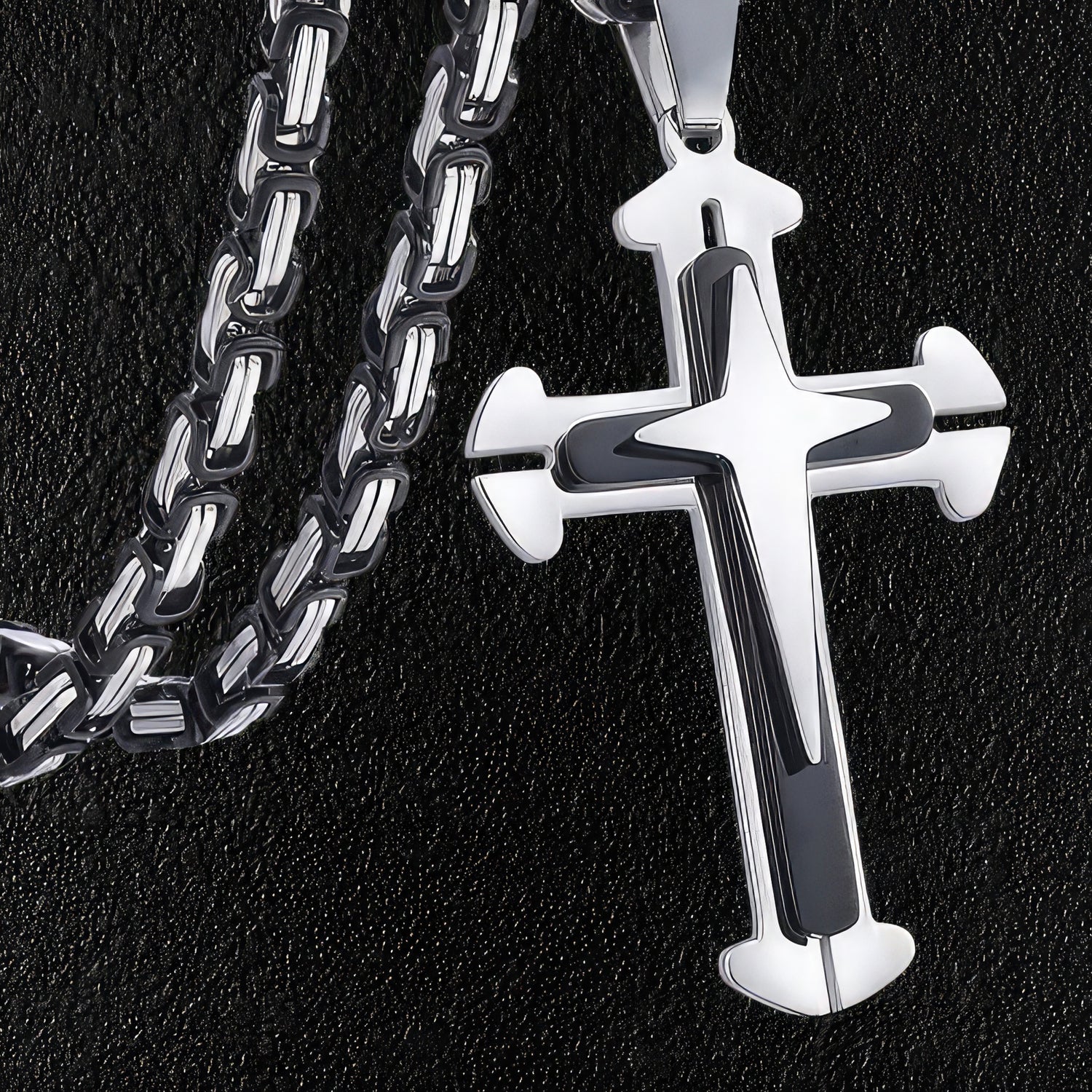 Star Cross Pendant & Necklace - Black & Silver Stainless Steel