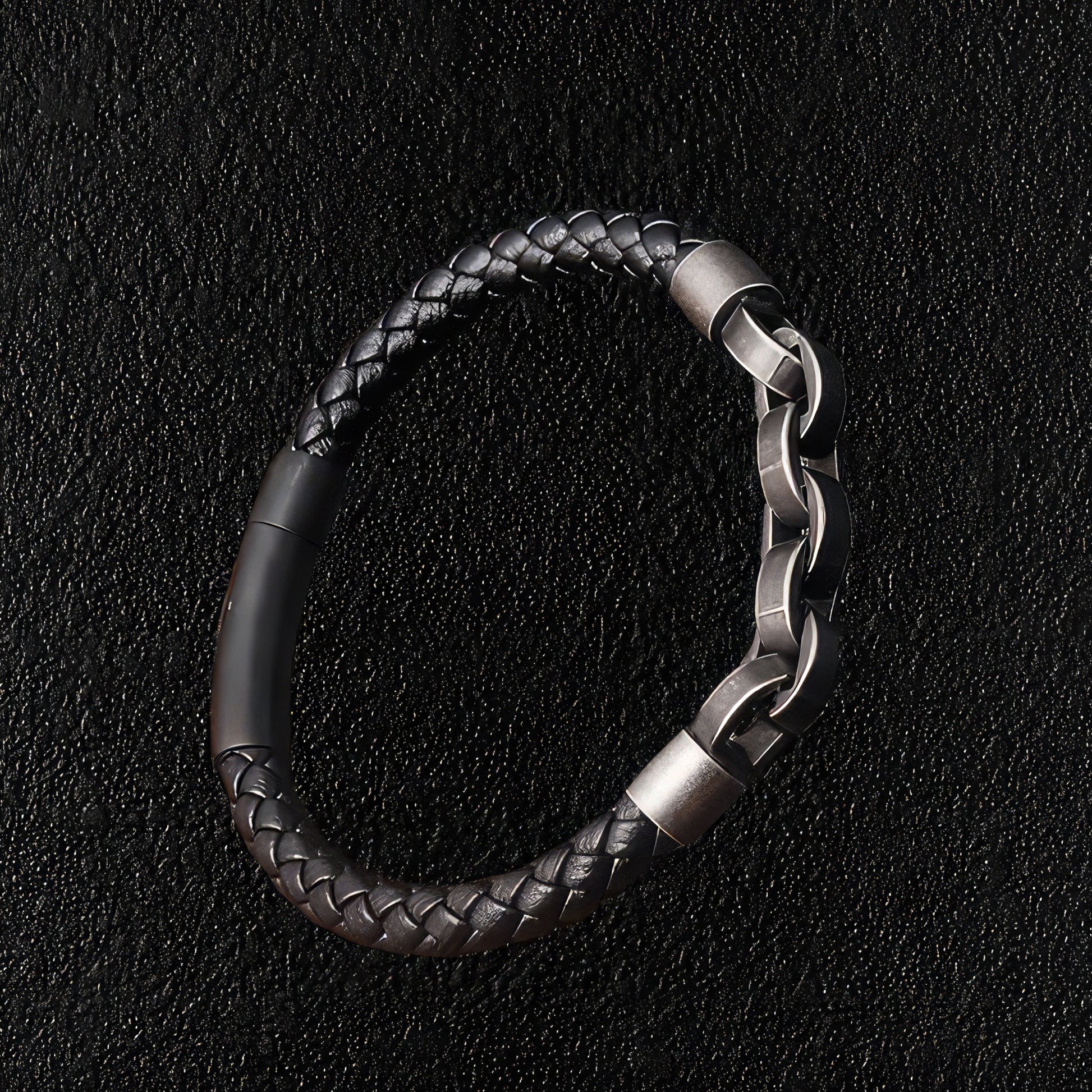 Men's Steel Link Leather Bracelet