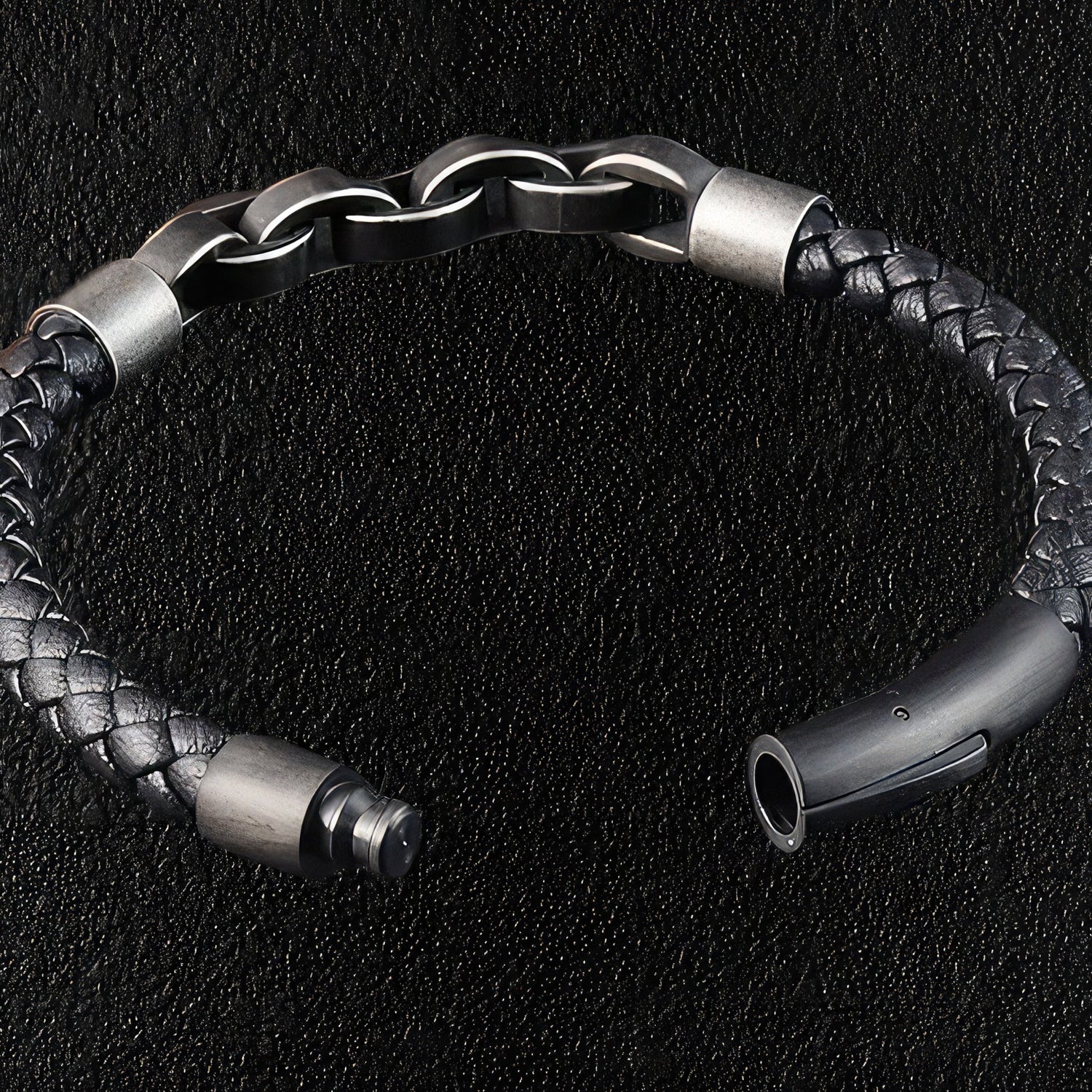 Man's Steel Link Leather Bracelet