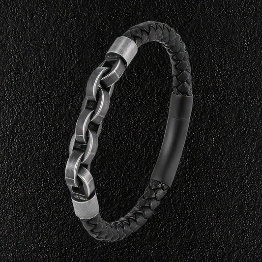 Steel Link Leather Bracelet