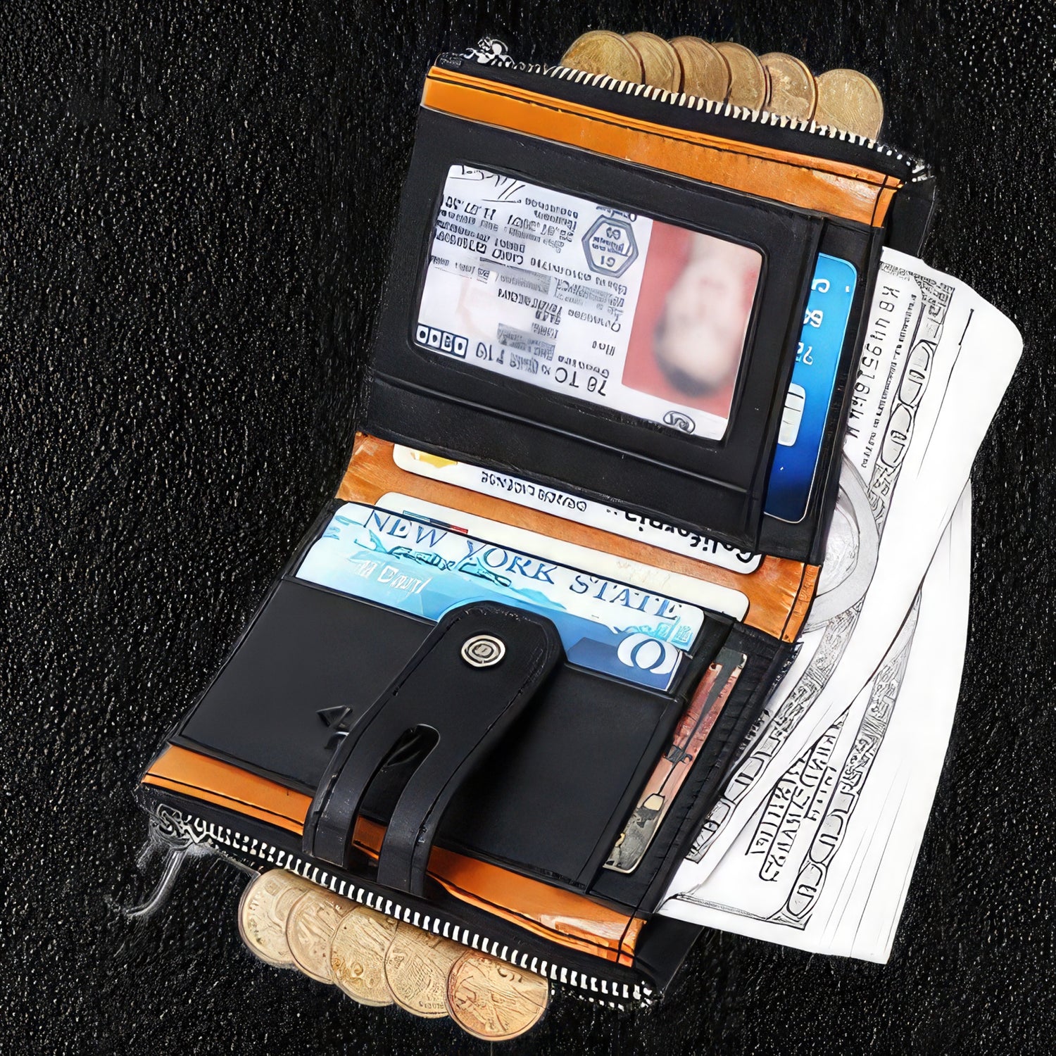 Italian Leather Black & Orange Wallet