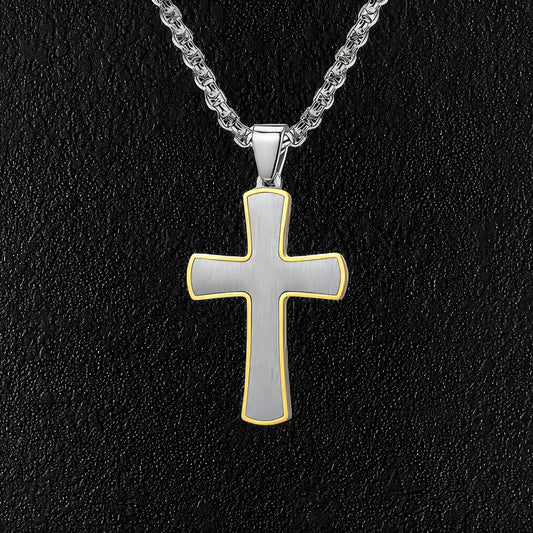 Gold Bordered Brushed Steel Cross & Necklace