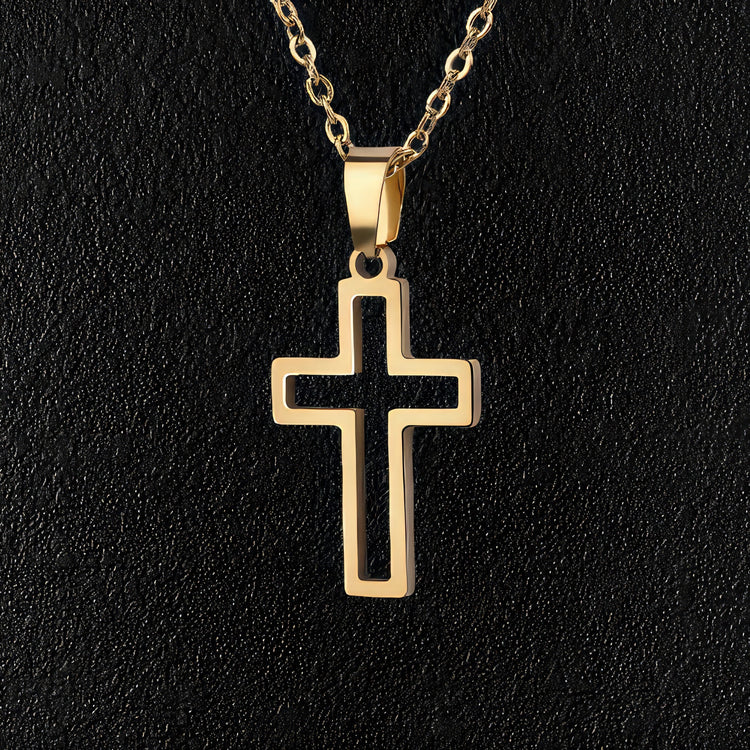 Gold Steel Hollow Cross Pendant Necklace