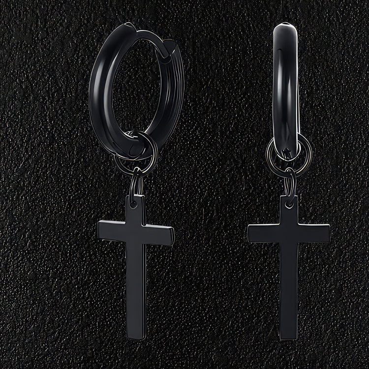 Black Stainless Steel Hoop & Cross Earrings