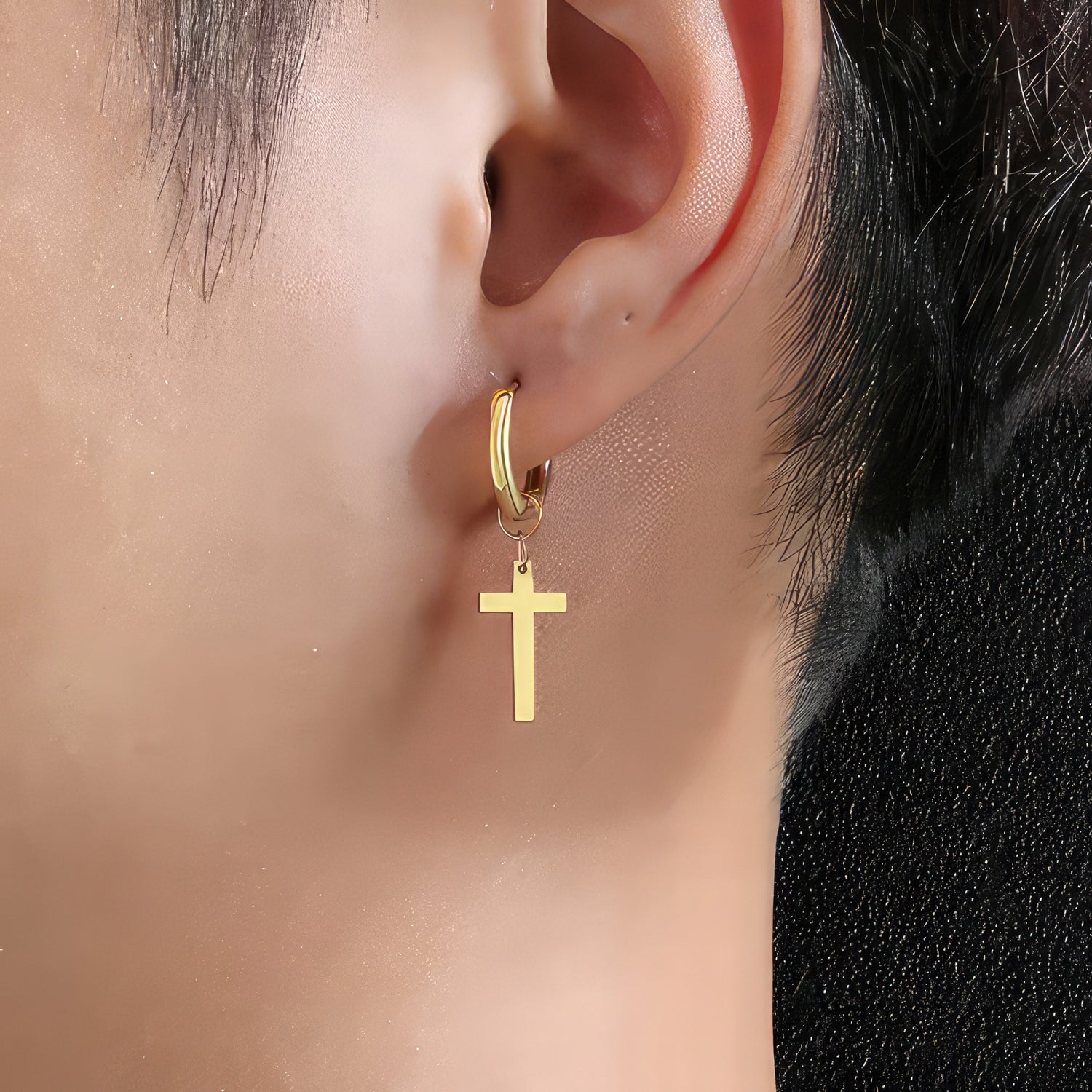 Men's Gold Stainless Steel Hoop & Cross Earrings