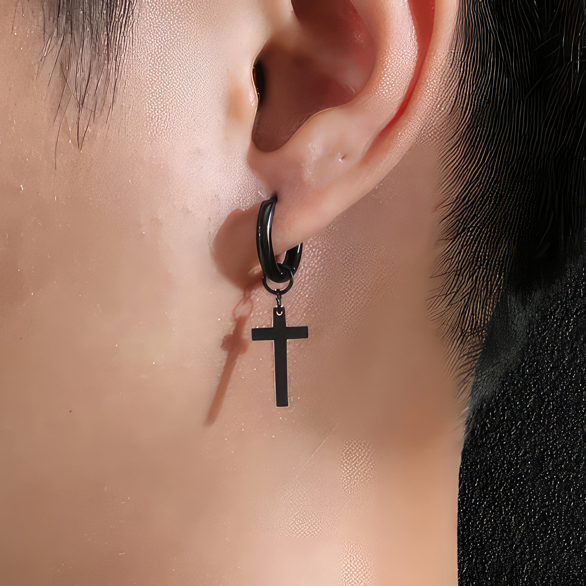 Men's Black Stainless Steel Hoop & Cross Earrings