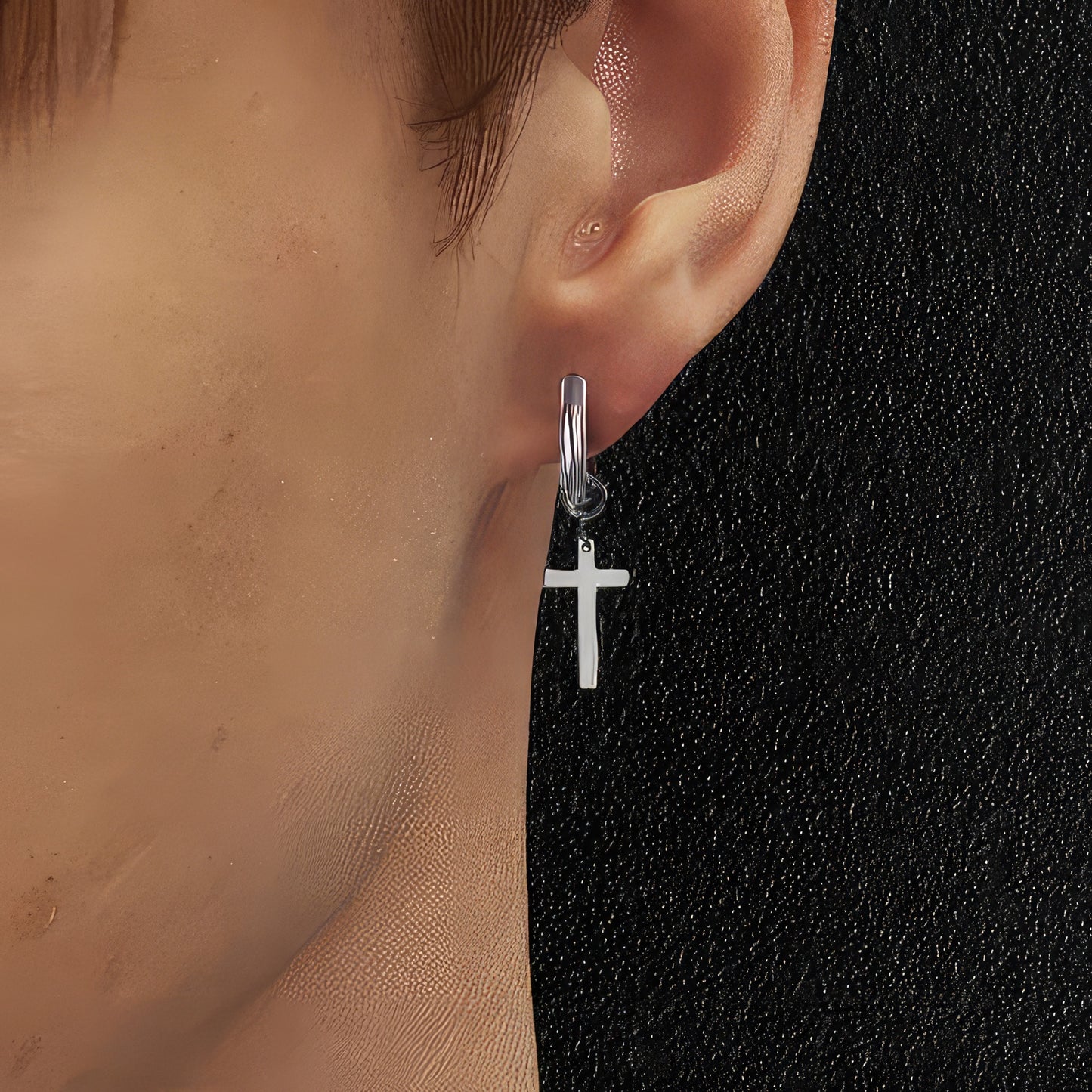 Stainless Steel Hoop & Cross Earrings For Men