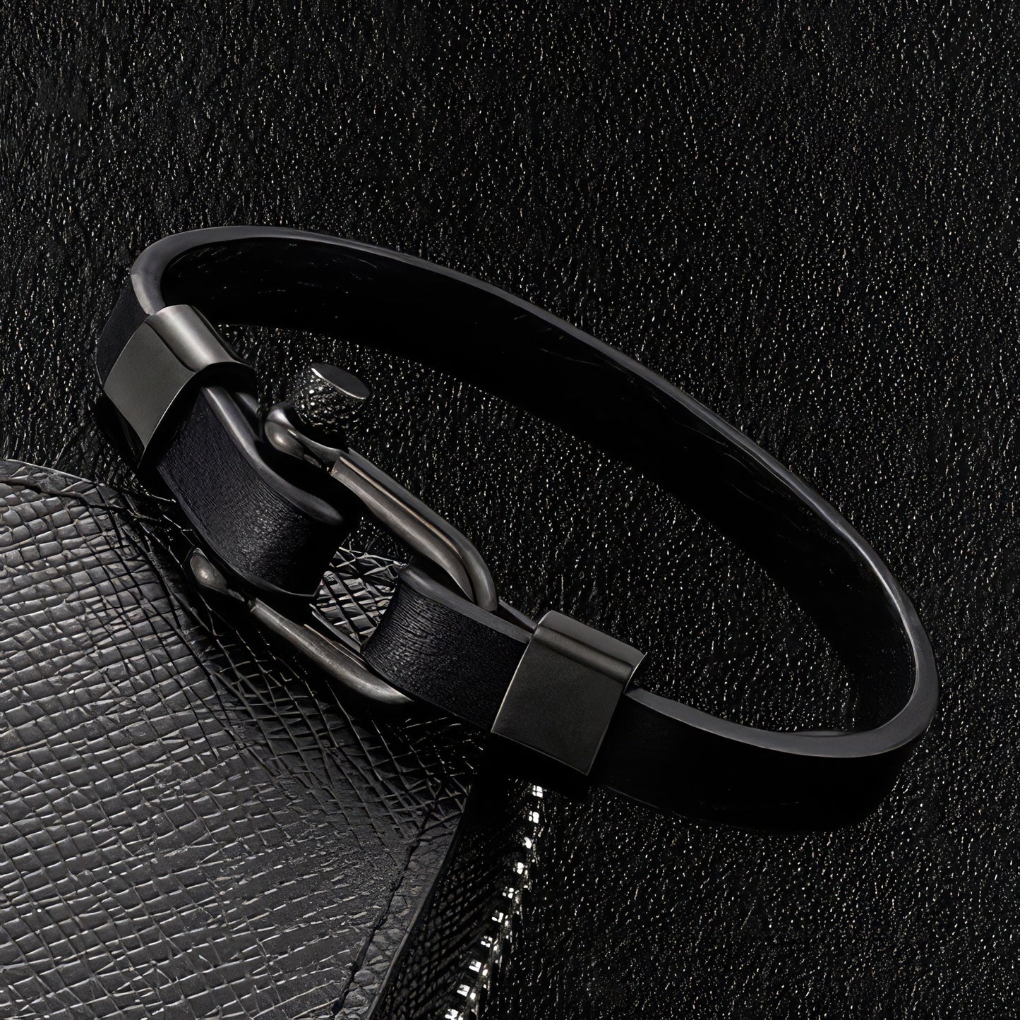 Black Leather U Clasp Men's Bracelet